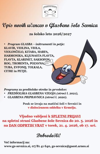 Zbiranje prijav za vpis novih učencev v Glasbeno šolo Sevnica za š. l. 2026/2027