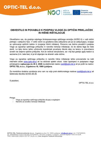 Obvestilo in povabilo k podpisu vloge za optični priključek in hišne inštalacije