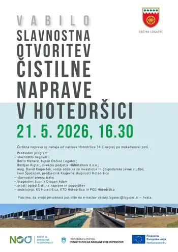 Otvoritev čistilne naprave v Hotedršici: četrtek, 21. 5. 2026, ob 16.30