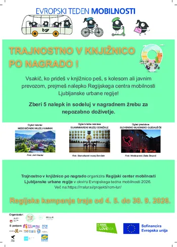 Sodeluj v regijski promocijski kampanji Evropskega tedna mobilnosti 2026 – “Trajnostno v knjižnico po nagrado!”
