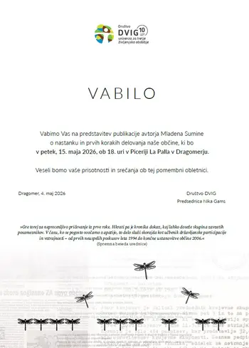 Vabilo na predstavitev publikacije avtorja Mladena Sumine o nastanku in prvih korakih naše občine