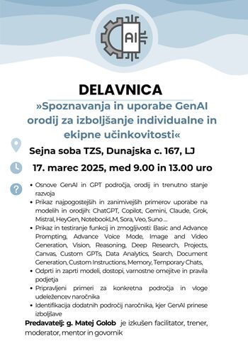 Delavnica »Spoznavanja in uporabe GenAI orodij za izboljšanje individualne in ekipne učinkovitosti«
