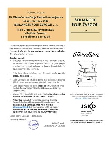 13. Območno srečanje literarnih ustvarjalcev Občine Sevnica 2026 - Škrjanček poje, žvrgoli ...
