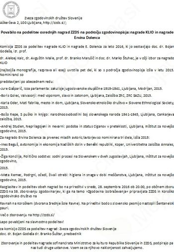 Povabilo na podelitev osrednjih nagrad ZZDS na področju zgodovinopisja: nagrade KLIO in nagrade Ervina Dolenca