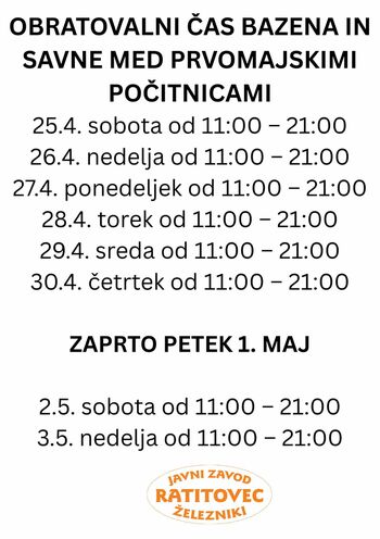 OBRATOVALNI ČAS BAZENA IN SAVNE MED PRVOMAJSKIMI POČITNICAMI