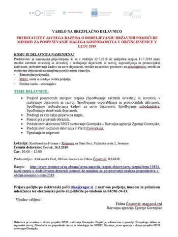 Predstavitev Javnega razpisa o dodeljevanju državnih pomoči de minimis za pospeševanje malega gospod