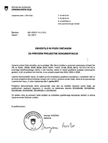 Obvestilo in poziv občanom za prevzem projektne dokumentacije UE Celje