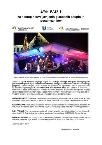 Javni razpis za nastop neuveljavljenih glasbenih skupin na novoletnih prireditvah 2019