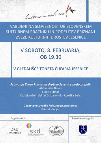 Slovesnost ob slovenskem kulturnem prazniku in podelitev priznanj Zveze kulturnih društev Jesenice