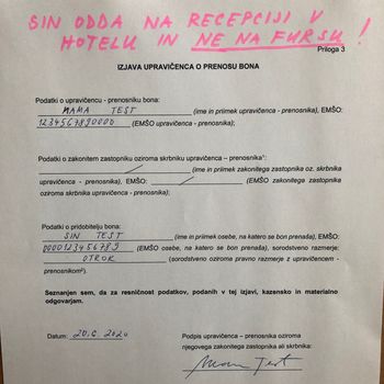 Izpolnjeno izjavo o prenosu bona oddajte receptorju in NE na FURS!