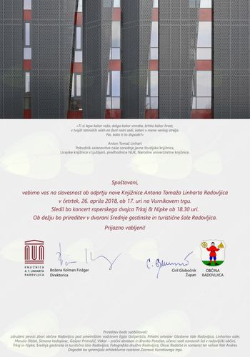 Vabilo na slovesnost ob odprtju nove Knjižnice A. T. Linharta Radovljica