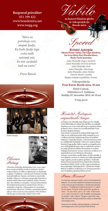 Koncert Klasične glasbe s Kvintetom Astorpia in Videoprireditev Besede miru