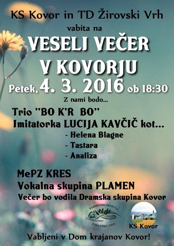 TD Žirovski vrh in KS Kovor vas vabita na VESELI VEČER!
