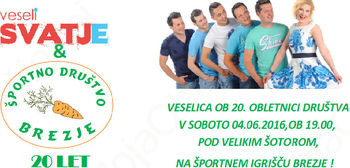 Veselica z ansamblom Veseli svatje ob 20. obletnici Športnega Društva Brezje
