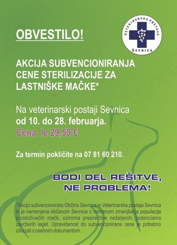 AKCIJA SUBVENCIONIRANJA CENE STERILIZACIJE ZA LASTNIŠKE MAČKE*