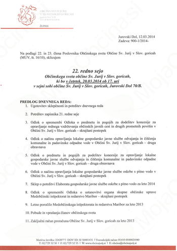 22. REDNA SEJA OBČINSKEGA SVETA BO 20.03.2014