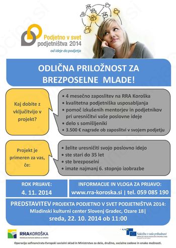 Odlična priložnost za brezposelne mlade! V 4 mesecih od ideje do podjetja ob vključitvi v projekt PODJETNO V SVET PODJETNIŠTVA 2014!