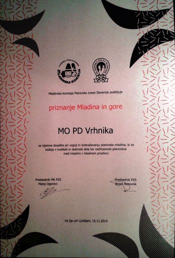 Priznanje "Mladina in gore" za Mladinski odsek Planinskega društva Vrhnika