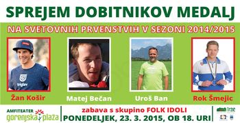 Danes sprejem tržiških dobitnikov medalj s svetovnih prvenstev v sezoni 2014/2015