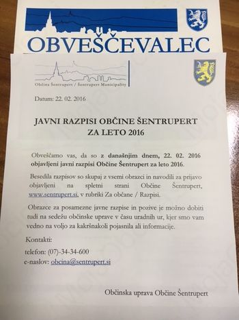 Objavljeni javni razpisi Občine Šentrupert za leto 2016