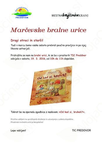 Bralne urice v TIC Preddvor tudi v marcu