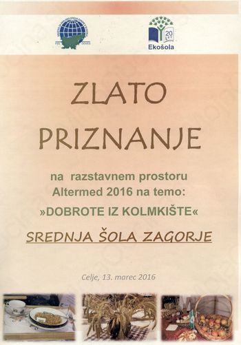 Zlato priznanje Ekošoli Srednje šole Zagorje na sejmu Altermed 2016