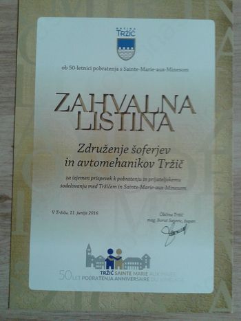 Zahvalna listina Občine Tržič