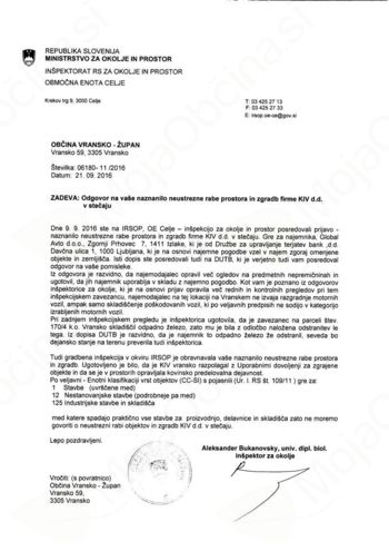 Odgovor Inšpektorata za okolje in prostor v zadevi uporabe prostora in zgradb KIV, d. d., v stečaju