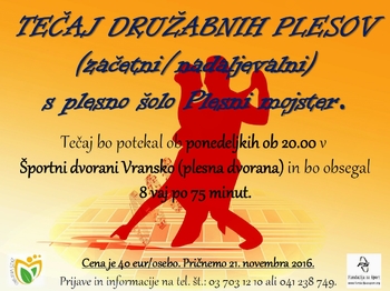 TEČAJ DRUŽABNIH PLESOV (začetni/nadaljevalni) V ŠPORTNI DVORANI VRANSKO, november 2016