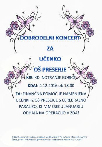 Dobrodelni koncert za učenko OŠ Preserje