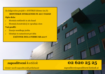 PROSTO DELOVNO MESTO MONTER STEKLENIH IN ALU FASAD (AUT)