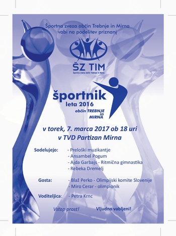 VABILO NA PRIREDITEV - ŠPORTNIK LETA 2016 OBČIN TREBNJE IN MIRNA VABILO NA PRIREDITEV - ŠPORTNIK LETA 2016 OBČIN TREBNJE IN MIRNA