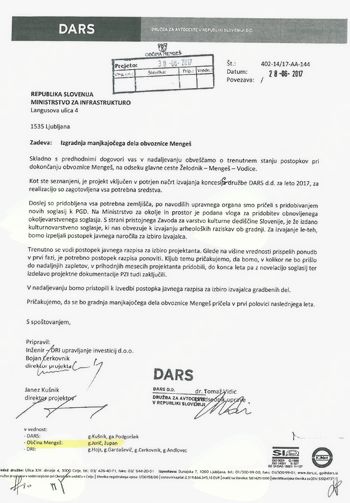 Izgradnja manjkajočega dela obvoznice Želodnik Vodice v Občini Mengeš - obvestilo DARS o trenutnem stanju postopkov  