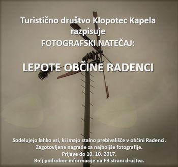 Turistično društvo Klopotec Kapela objavlja fotografski natečaj  z naslovom "Lepote občine Radenci"