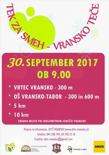 "TEK ZA SMEH-VRANSKO TEČE" BO V SOBOTO, 30. SEPTEMBRA, OB 9.00
