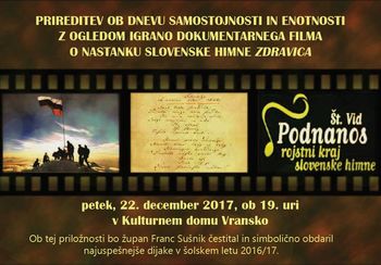 PRIREDITEV OB DNEVU SAMOSTOJNOSTI IN ENOTNOSTI Z OGLEDOM IGRANO DOKUMENTARNEGA FILMA ZDRAVICA O NASTANKU SLOVENSKE HIMNE