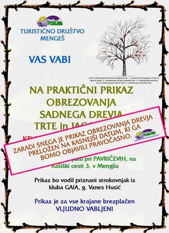 PRAKTIČNI PRIKAZ OBREZOVANJA SADNEGA DREVJA, TRTE IN JAGODIČEVJA - ZARADI SNEGA PRELOŽEN !!!