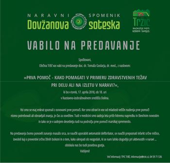Predavanje »Prva pomoč - kako pomagati v primeru zdravstvenih težav pri delu ali na izletu v naravi?«