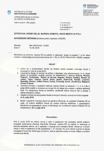 OCENJEVANJE ŠKODE NA STVAREH ZARADI POSLEDIC MOČNEGA NEURJA S POPLAVAMI IN TOČO 8. JUNIJA 2018 OCENJEVANJE ŠKODE NA STVAREH ZARADI POSLEDIC MOČNEGA NEURJA S POPLAVAMI IN TOČO 8. JUNIJA 2018