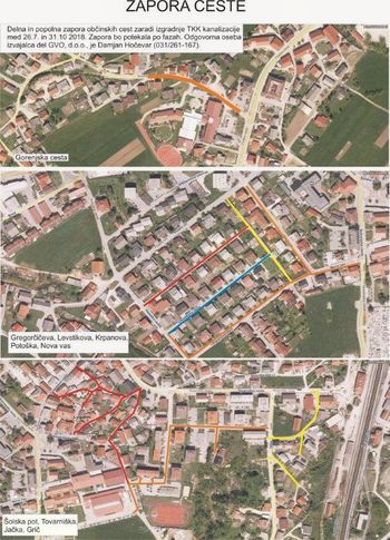 Delna in popolna zapora občinskih cest zaradi izgradnje TKK kanalizacije med 26. 7. 2018 in 31. 10. 2018 Delna in popolna zapora občinskih cest zaradi izgradnje TKK kanalizacije med 26. 7. 2018 in 31. 10. 2018