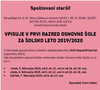 VPIS V PRVI RAZRED OSNOVNE ŠOLE ZA ŠOLSKO LETO 2019/2020