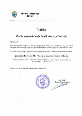 Vabljeni na sprejem predsednika države Boruta Pahorja v Preddvoru Vabljeni na sprejem predsednika države Boruta Pahorja v Preddvoru