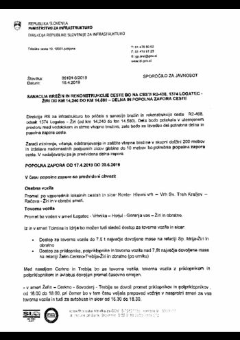 Sanacija brežnin in rekonstrukcija ceste Logatec - Žiri - delna in popolna zapora ceste