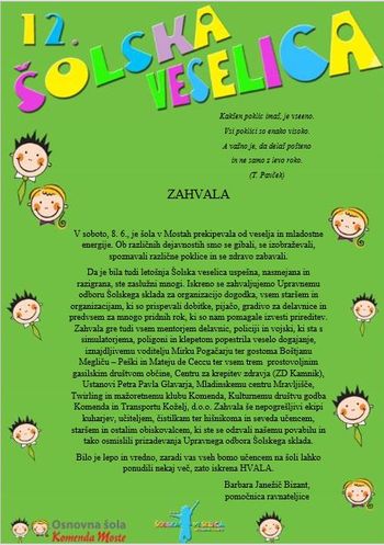 Zahvala vsem, ki ste pomagali pri izvedbi Šolske veselice