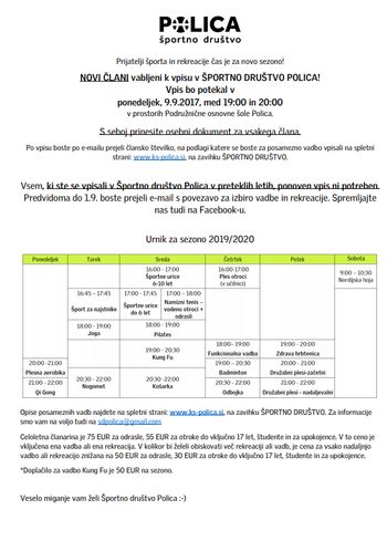 Športno društvo Polica objavlja nov urnik vadb in rekreacij za novo šolsko leto 2019/2020