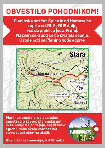 Pot čez Špico na Planino nad Vrhniko bo zaprta