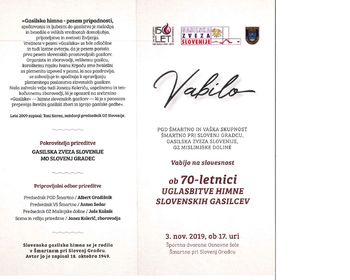 Vabilo ob 70-letnici uglasbitve himne slovenskih gasilcev