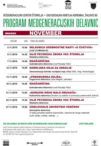 Program delavnic v Večgeneracijskem centru štorklja na eko-socialni kmetiji Korenika v Šalovcih, v mesecu novembru. 