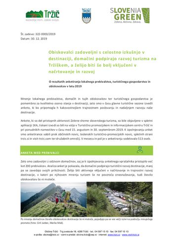 Obiskovalci zadovoljni s celostno izkušnjo v destinaciji, domačini podpirajo razvoj turizma na Tržiškem, a želijo biti še bolj vključeni v načrtovanje in razvoj 