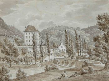 Franz Kurz zum Thurn und Goldenstein, Dvorec Haasberg, gvaš, hrani Grafični kabinet Narodnega muzeja Ljubljana (vir: https://sl.wikipedia.org/wiki/Slika:Franz_Kurz_zum_Thurn_und_Goldenstein_-_Pogled_na_grad_Haasberg.jpg, 22. 2. 2020)